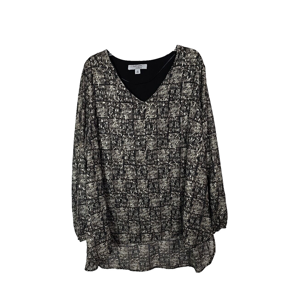 Ruff‎ Hewn Tan Abstract Print V-Neck High-Low Hem Long Sleeve Top Womans Size 3X